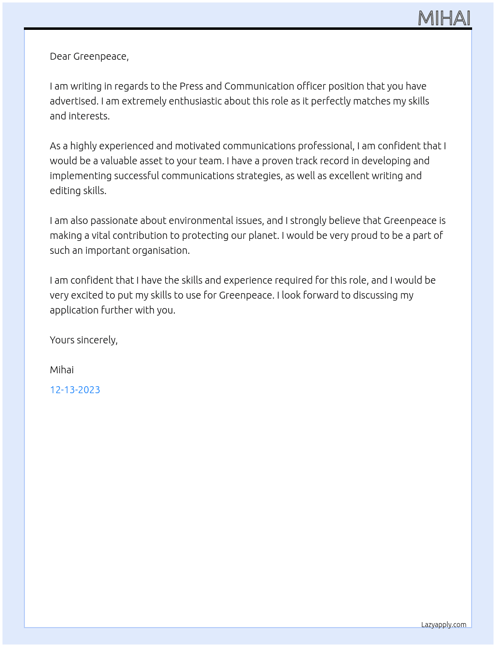 Press and Communication officer At Greenpeace Cover Letter