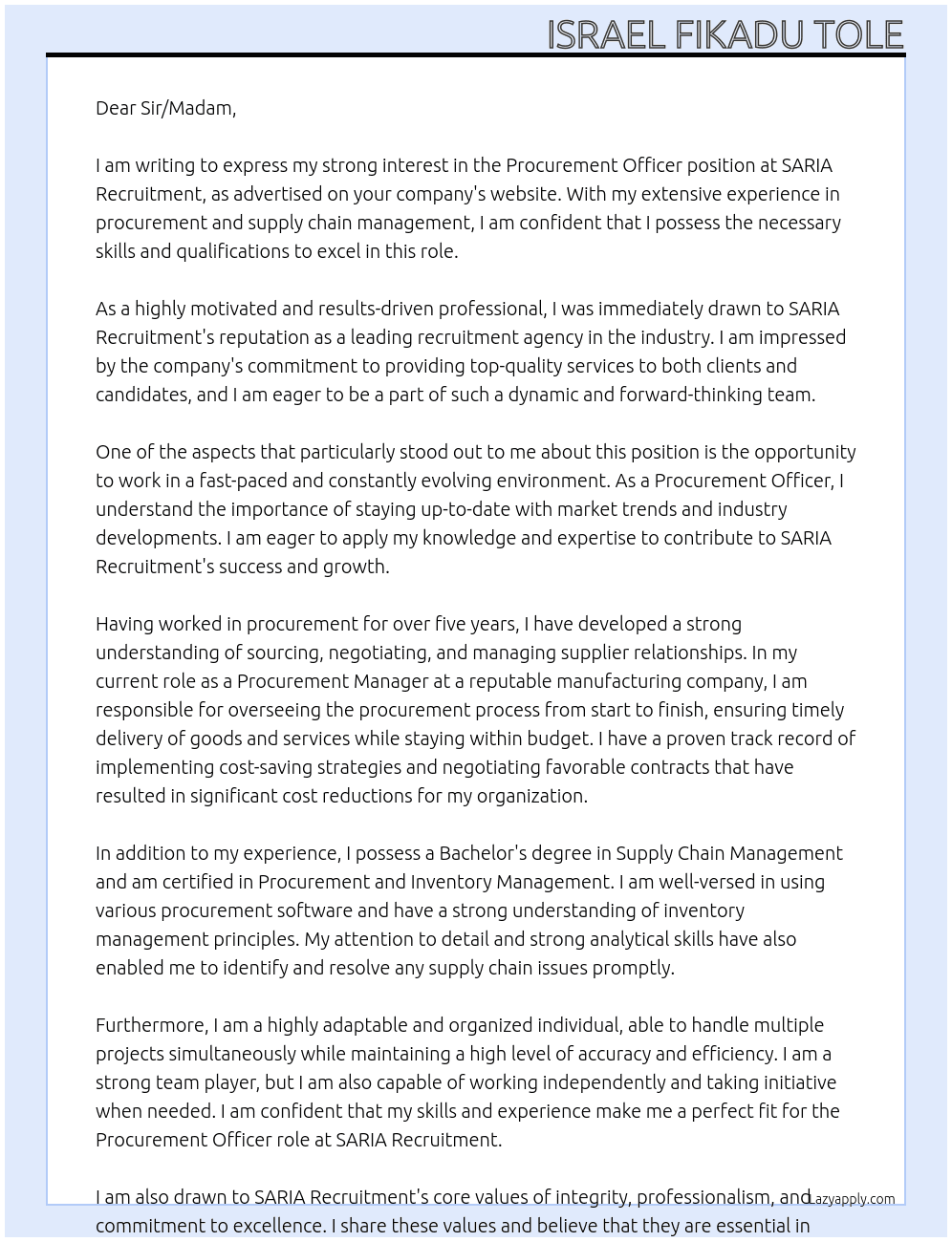  Procurement Officer At SARIA Recruitment Cover Letter