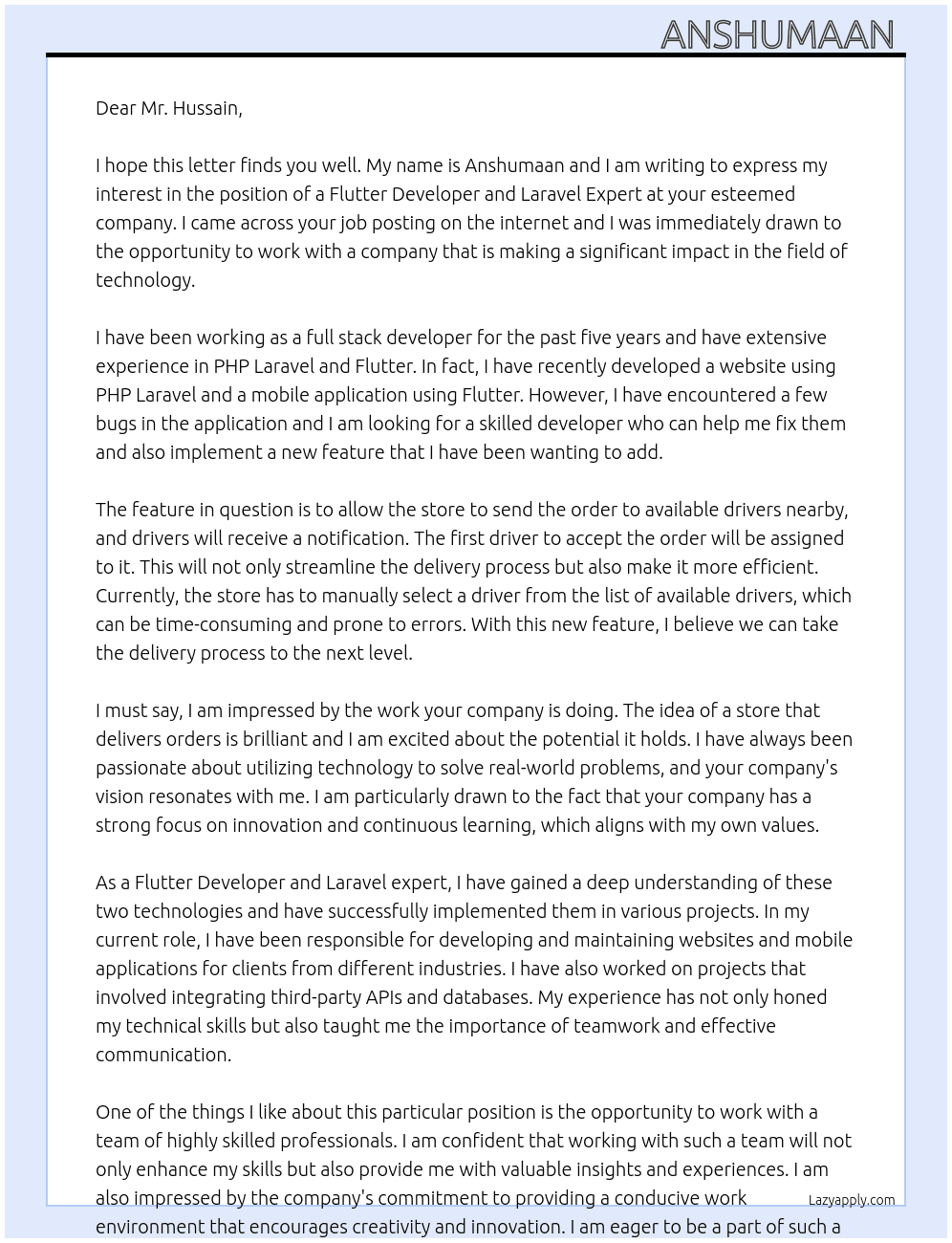 flutter developer and laravel expert  At Hussain Cover Letter