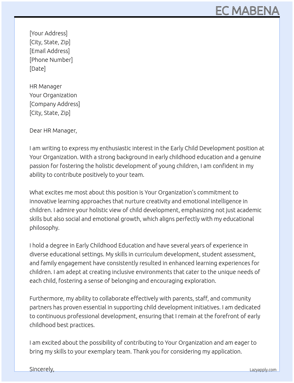 Cover letter for early child development - LazyApply