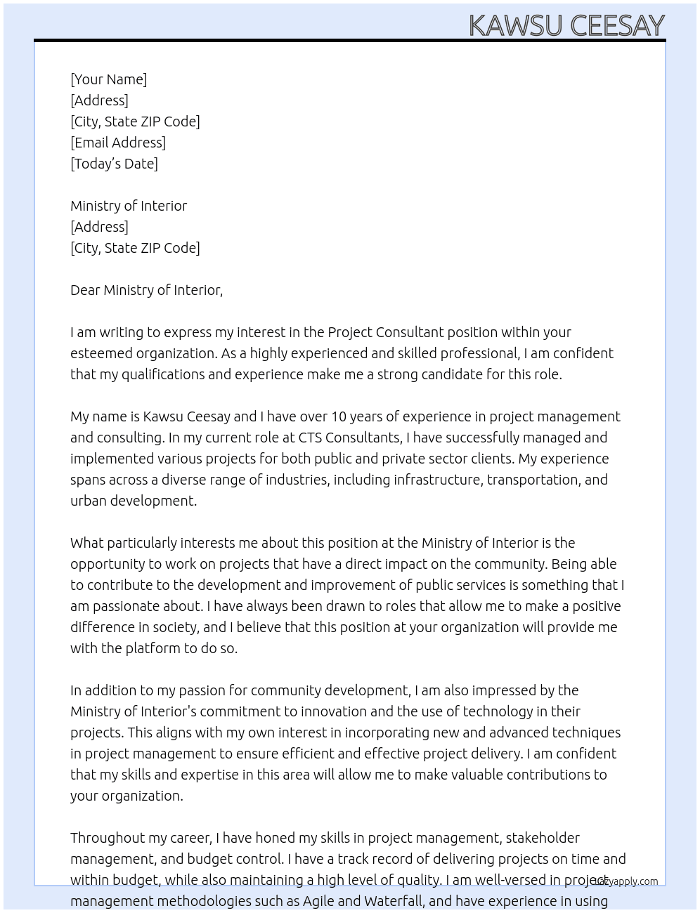 project consultant At CTS Consultant Cover Letter