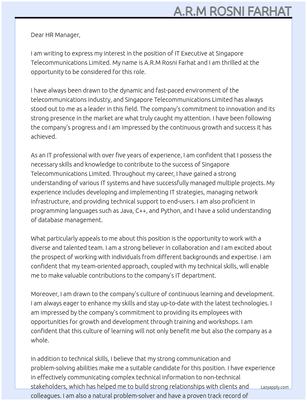 IT Executive At Singapore Telecommunications Limited. Cover Letter