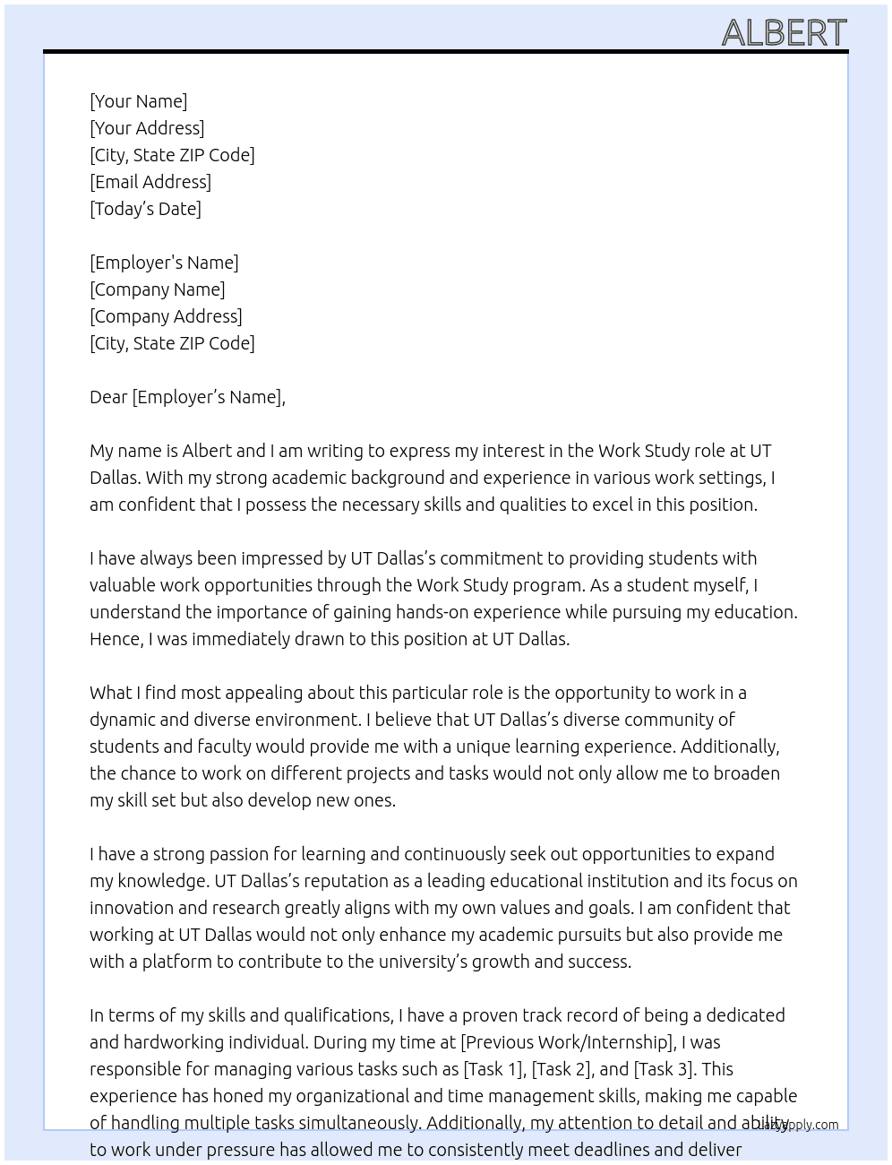 Work study At UT Dallas Cover Letter