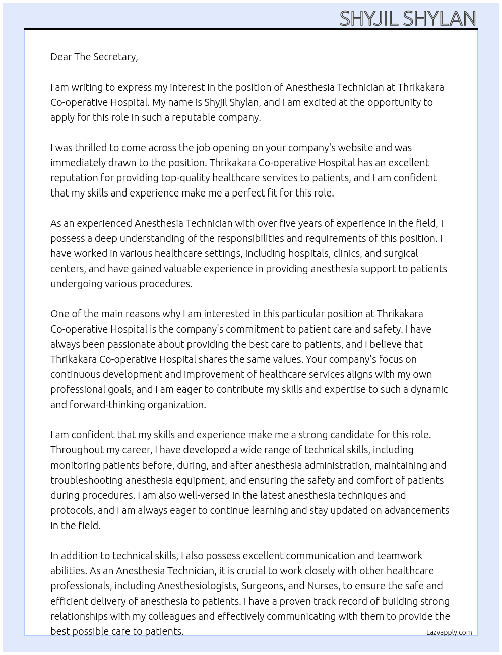 Anesthesia technician At Thrikakara Co operative hospital  Cover Letter
