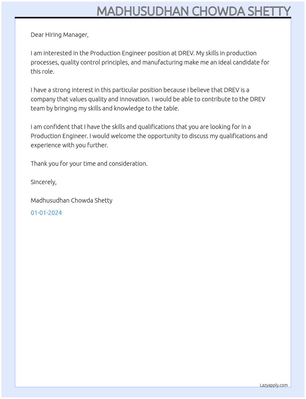 Production Engineer At DREV Cover Letter