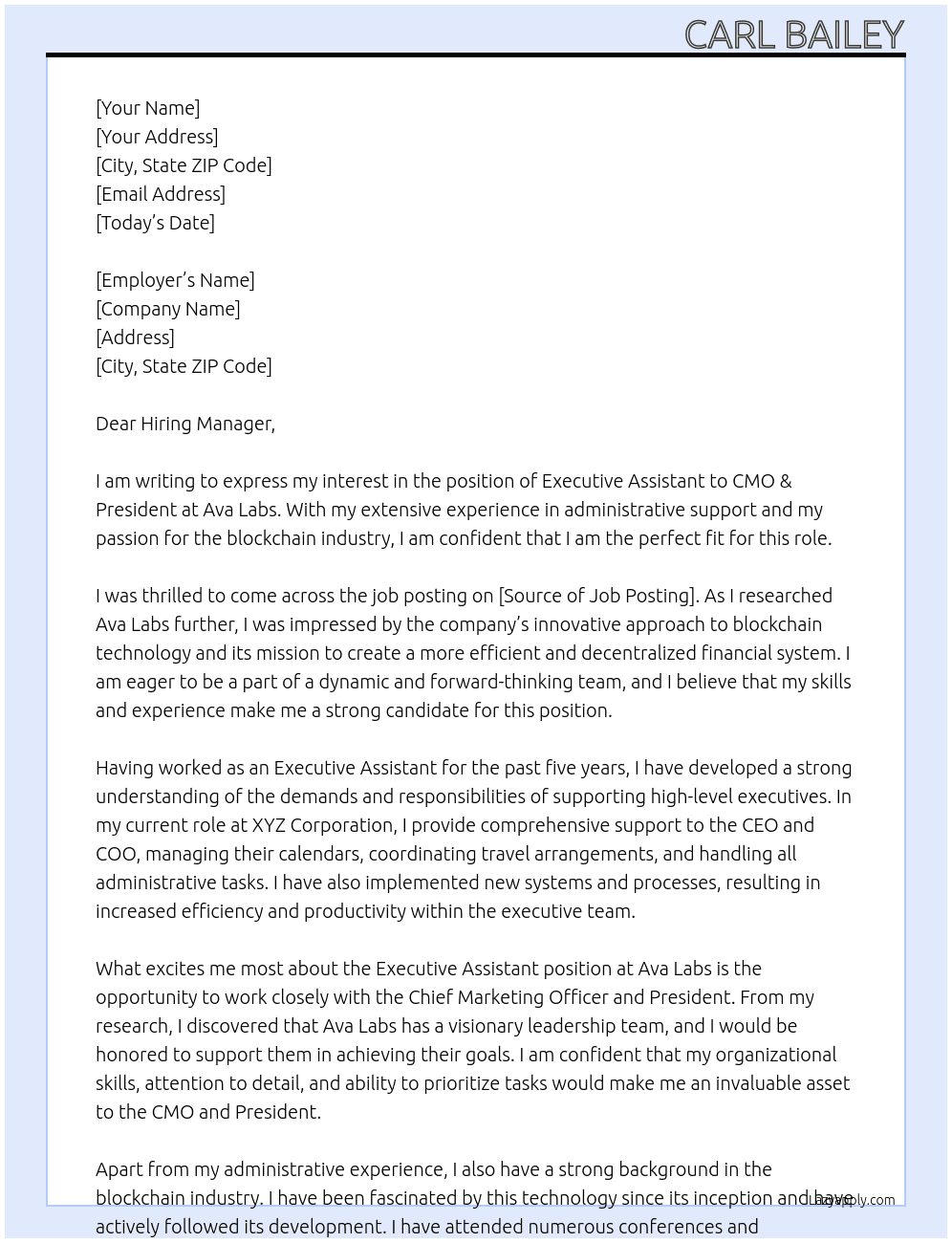 Executive Assistant to CMO & President At Ava Labs Cover Letter