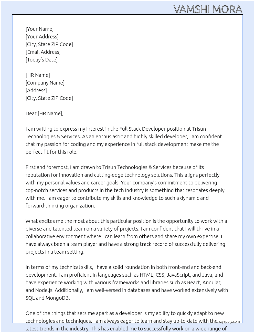 Full Stack Developer At Trisun technologies & Services Cover Letter
