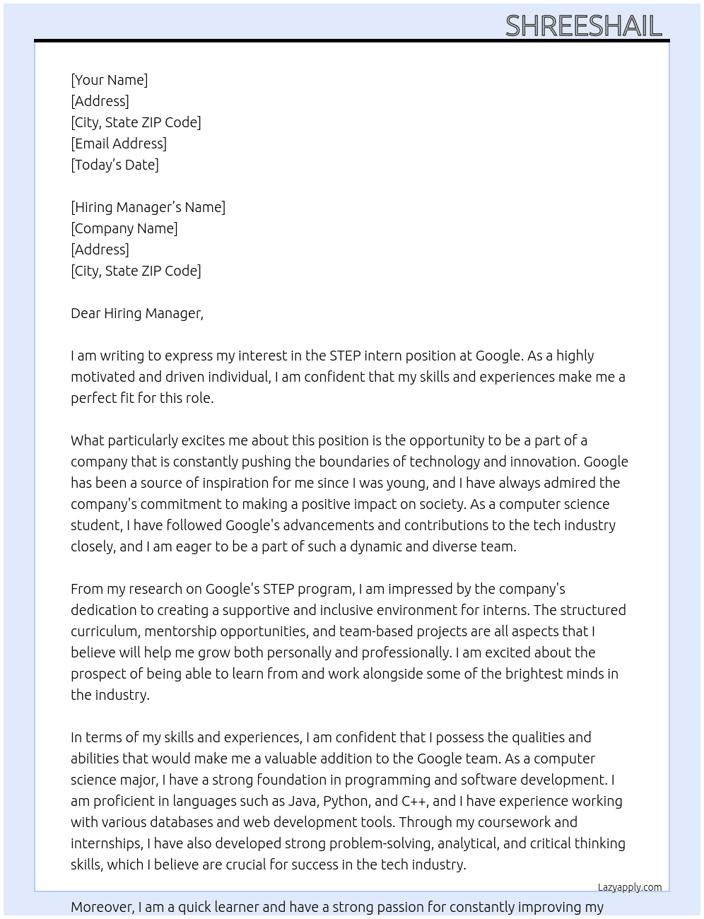 STEP intern At Google STEP Cover Letter