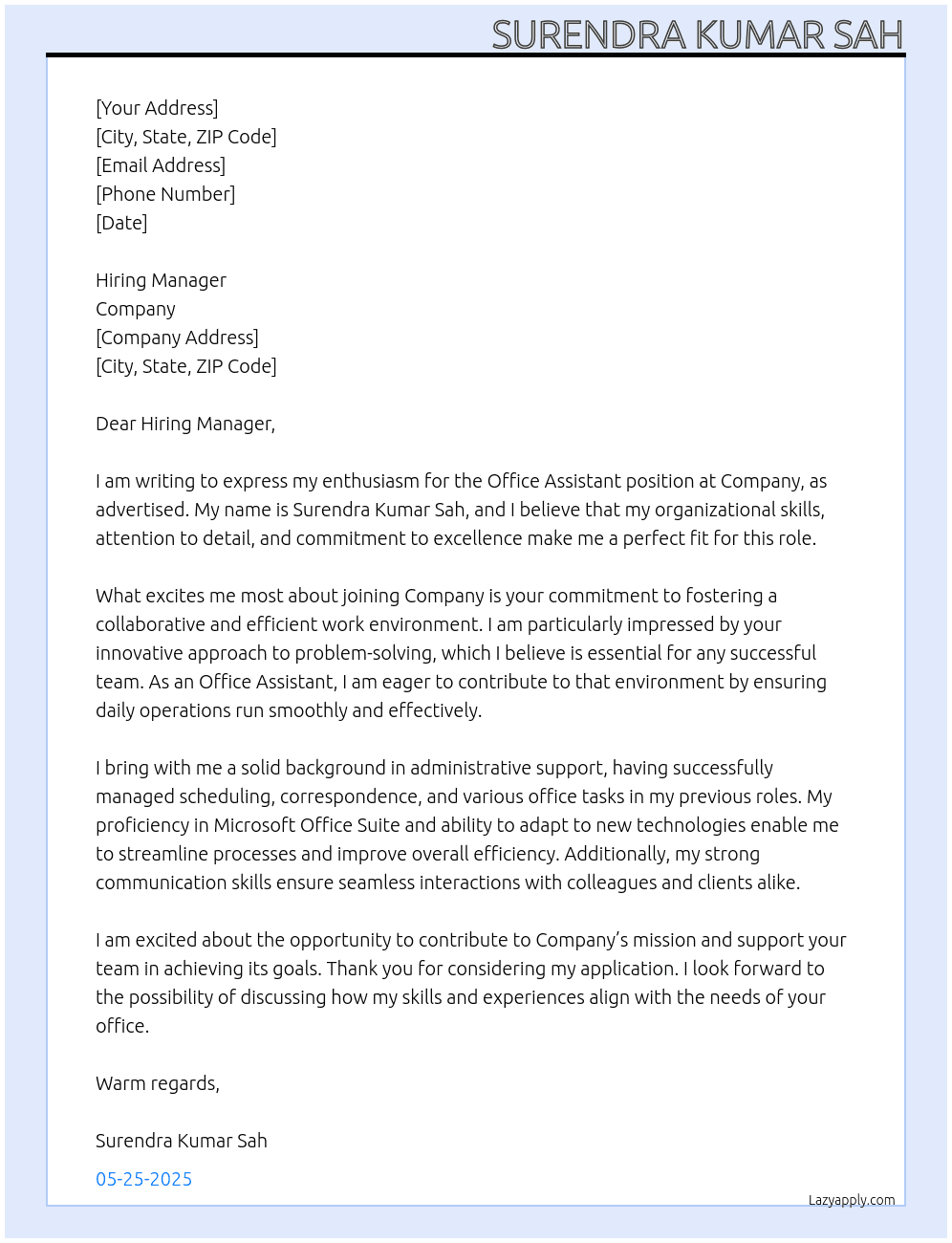office assistant At company Cover Letter