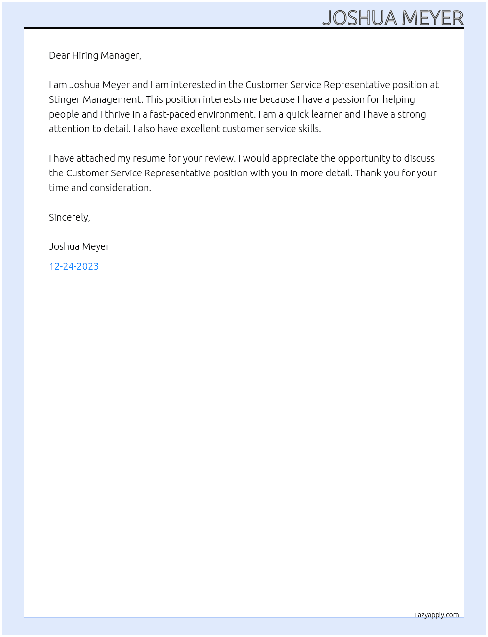 Customer Service Representative At Stinger Management Cover Letter