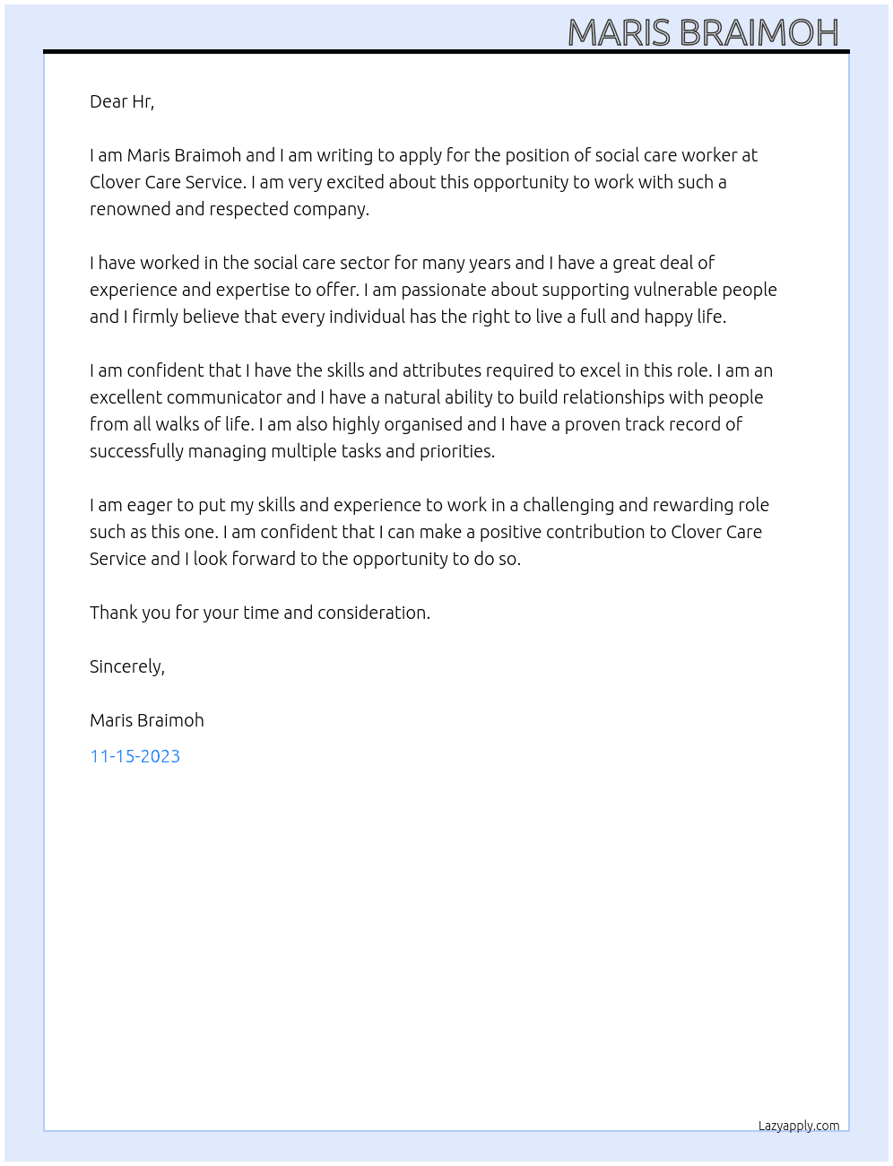 Social care worker  At Clover Care Service  Cover Letter