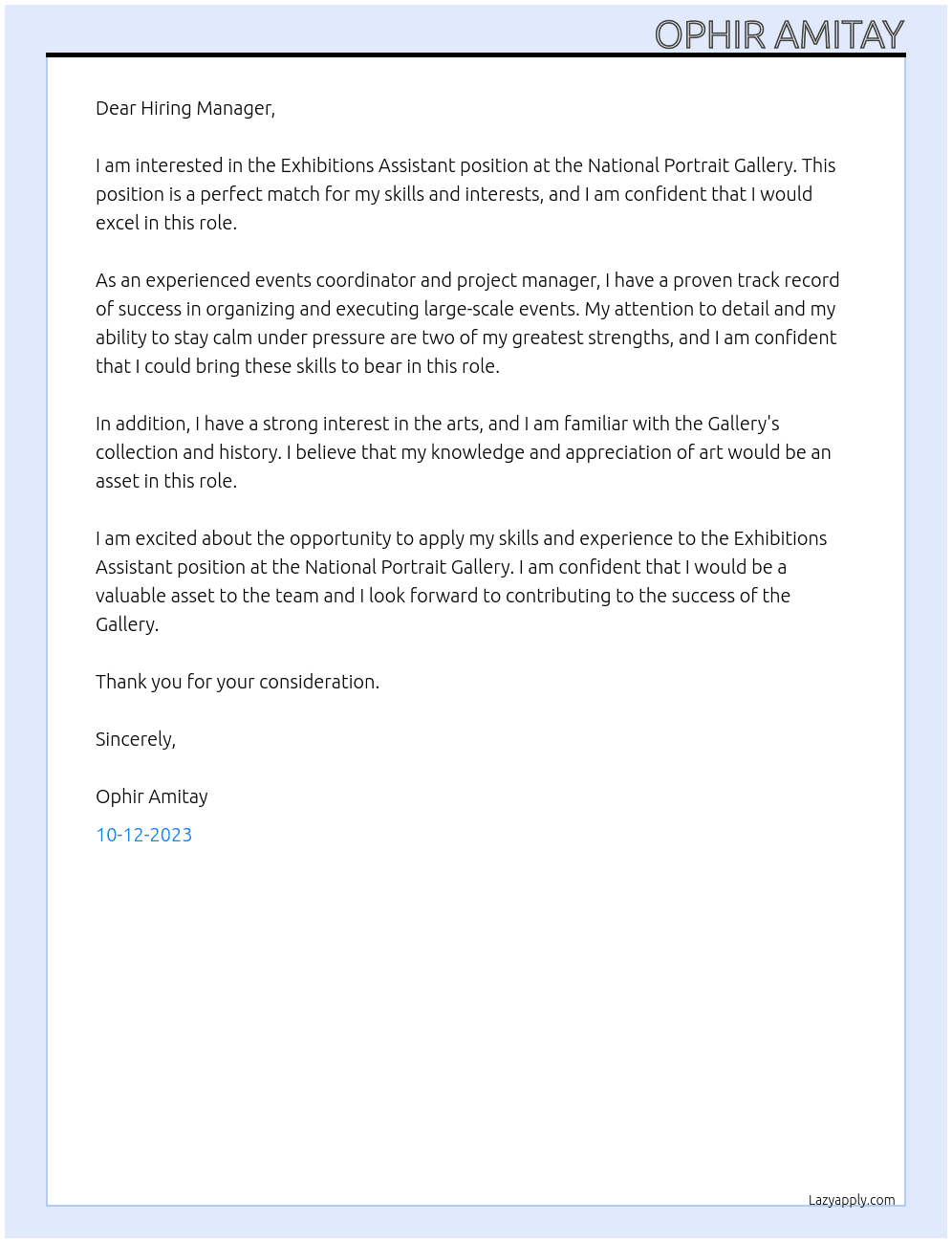 Exhibitions Assistant At national portrait gallery Cover Letter