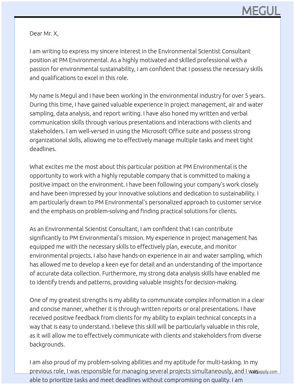 Environmental Scientist Consultant At PM Environmental Cover Letter