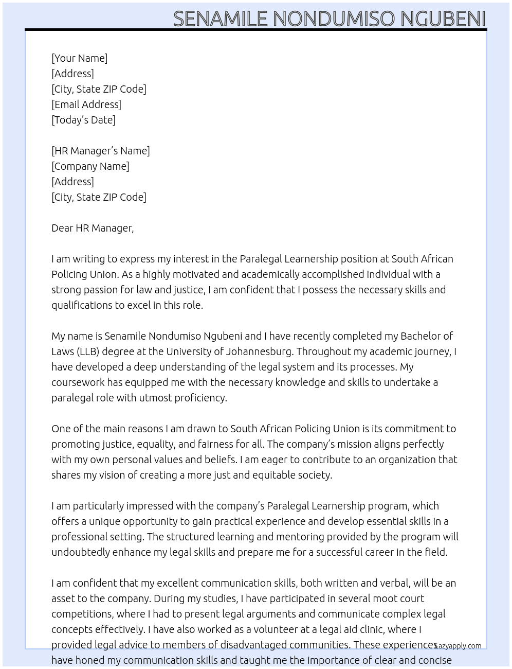Paralegal learnership At South African Policing Union Cover Letter