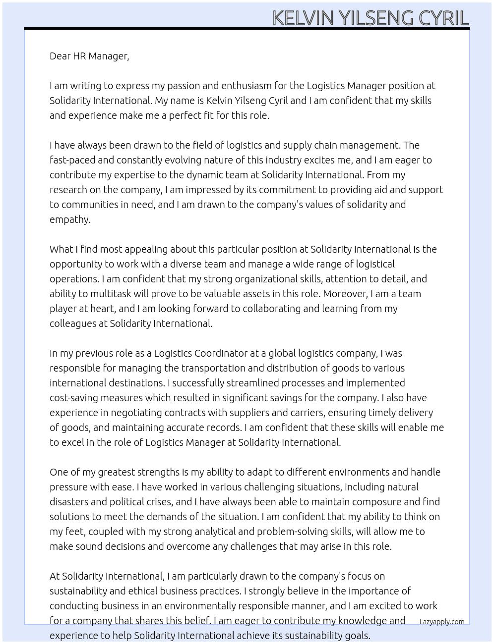 Logistics Manger At Solidarity international Cover Letter
