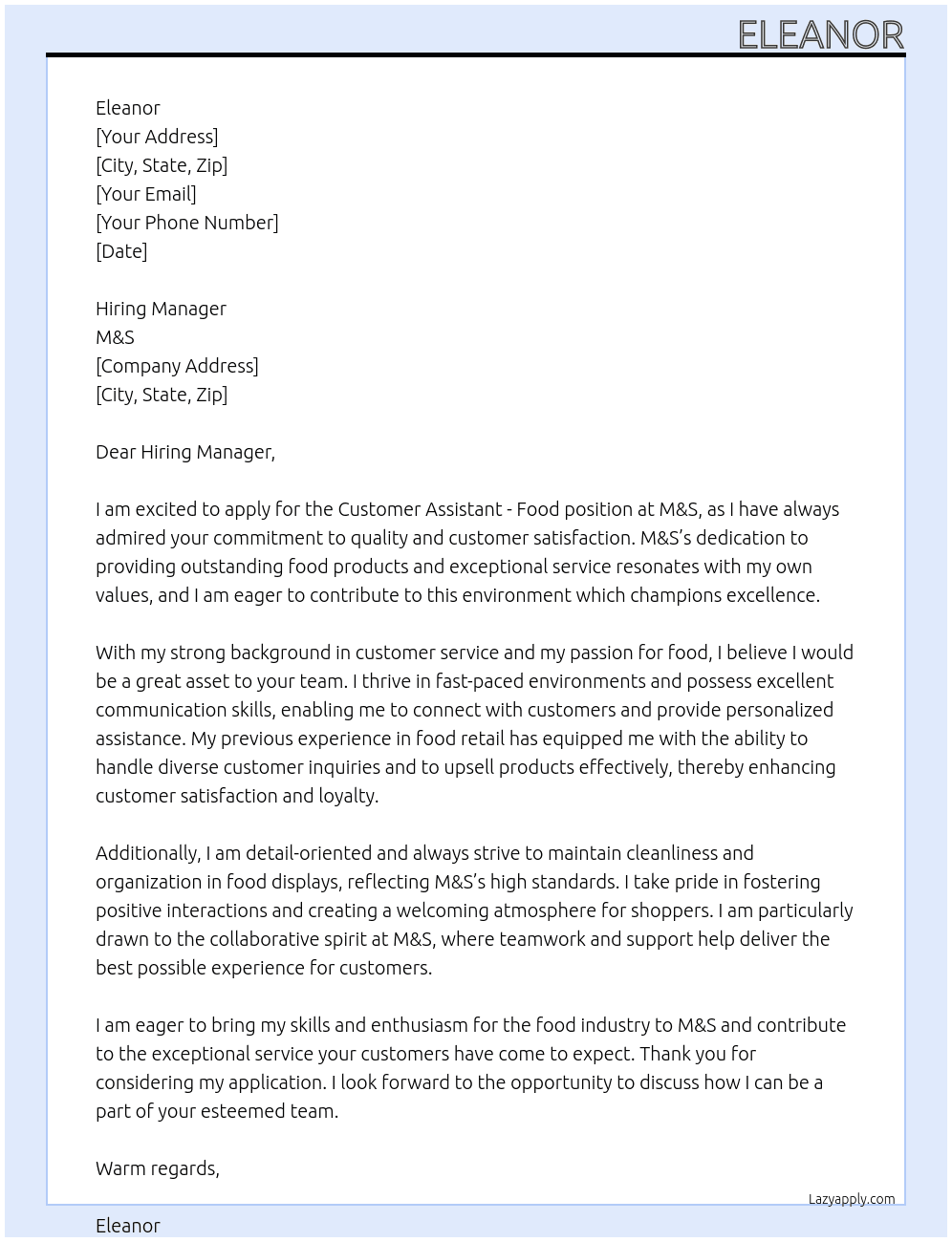Customer Assistant - Food At M&S Cover Letter