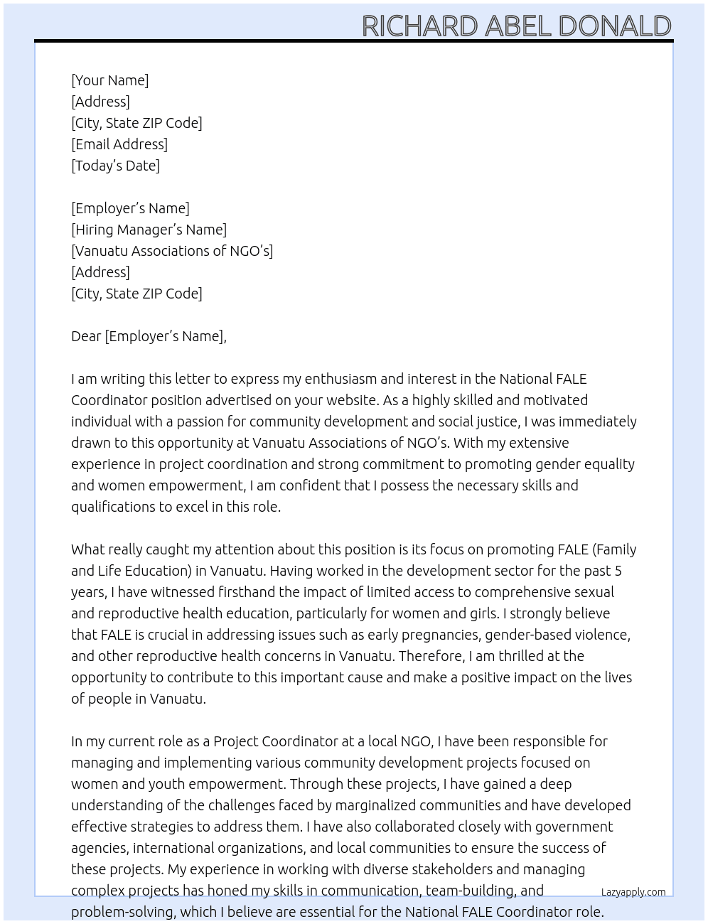 National FALE Coordinator At Vanuatu Associations of NGO's Cover Letter