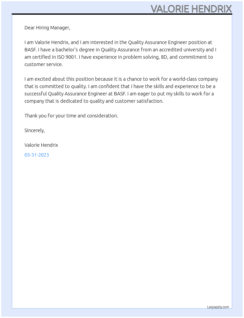 Quality Assurance Engineer At BASF Cover Letter