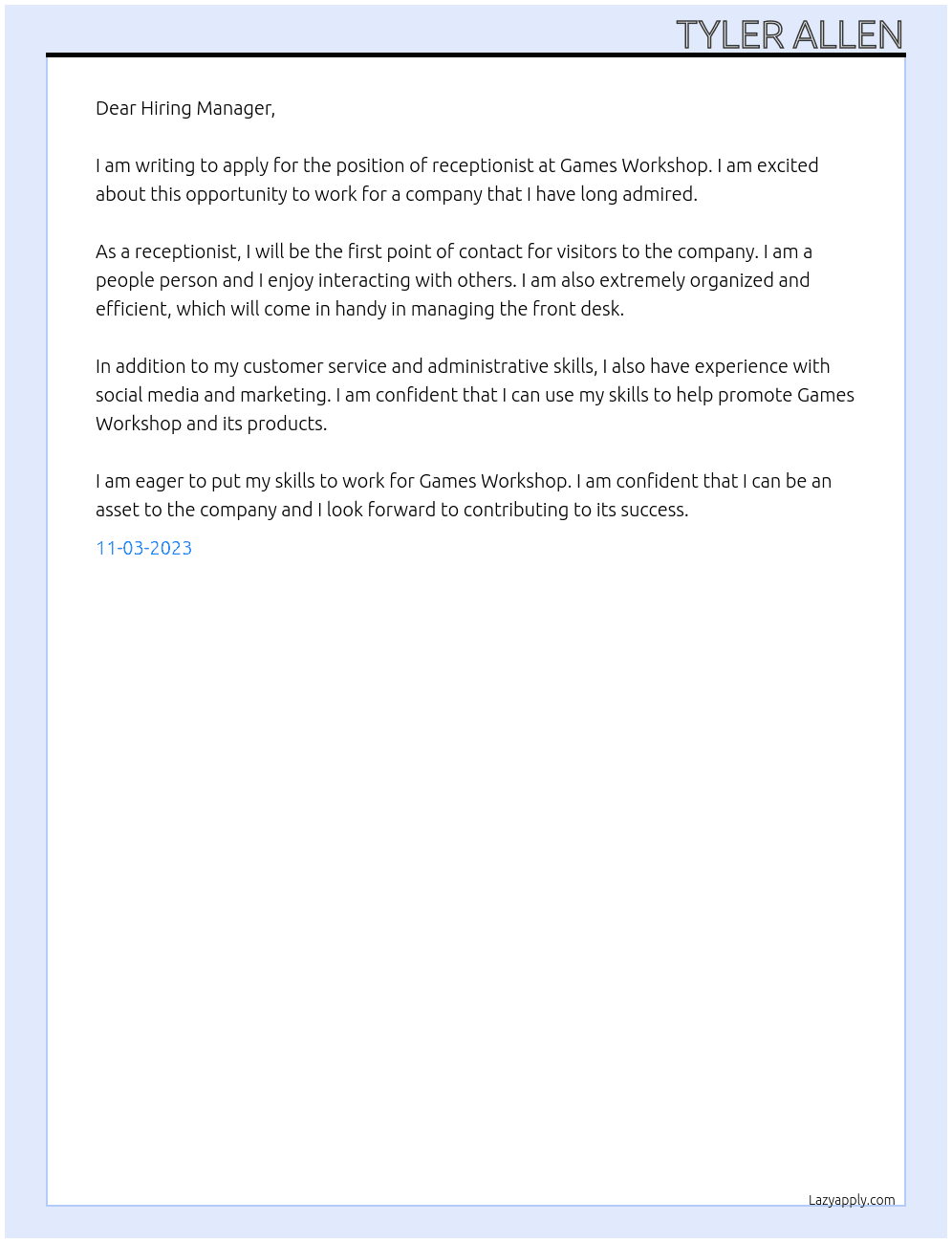 Receptionist  At Games workshop Cover Letter