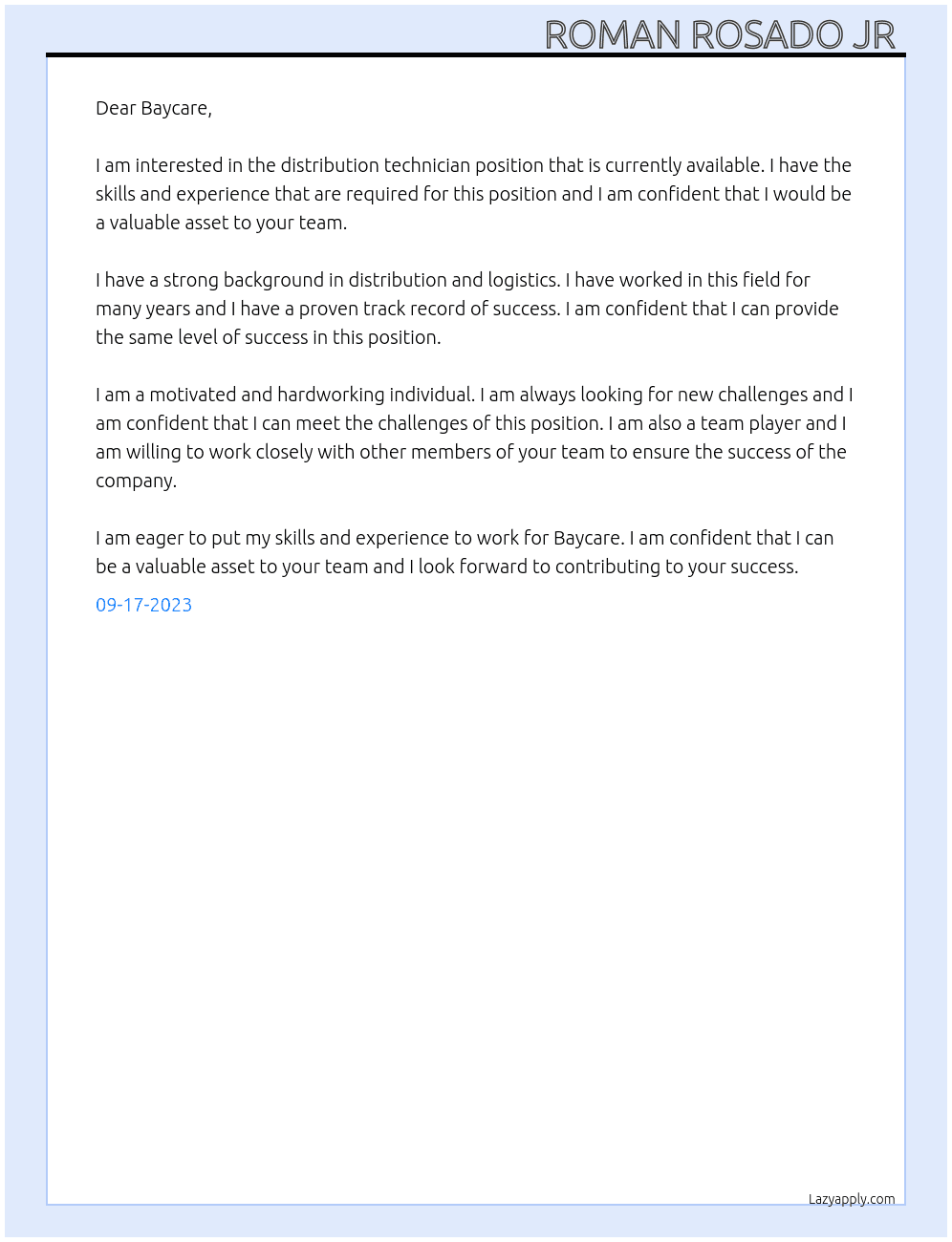 Distribution technician  At Baycare  Cover Letter