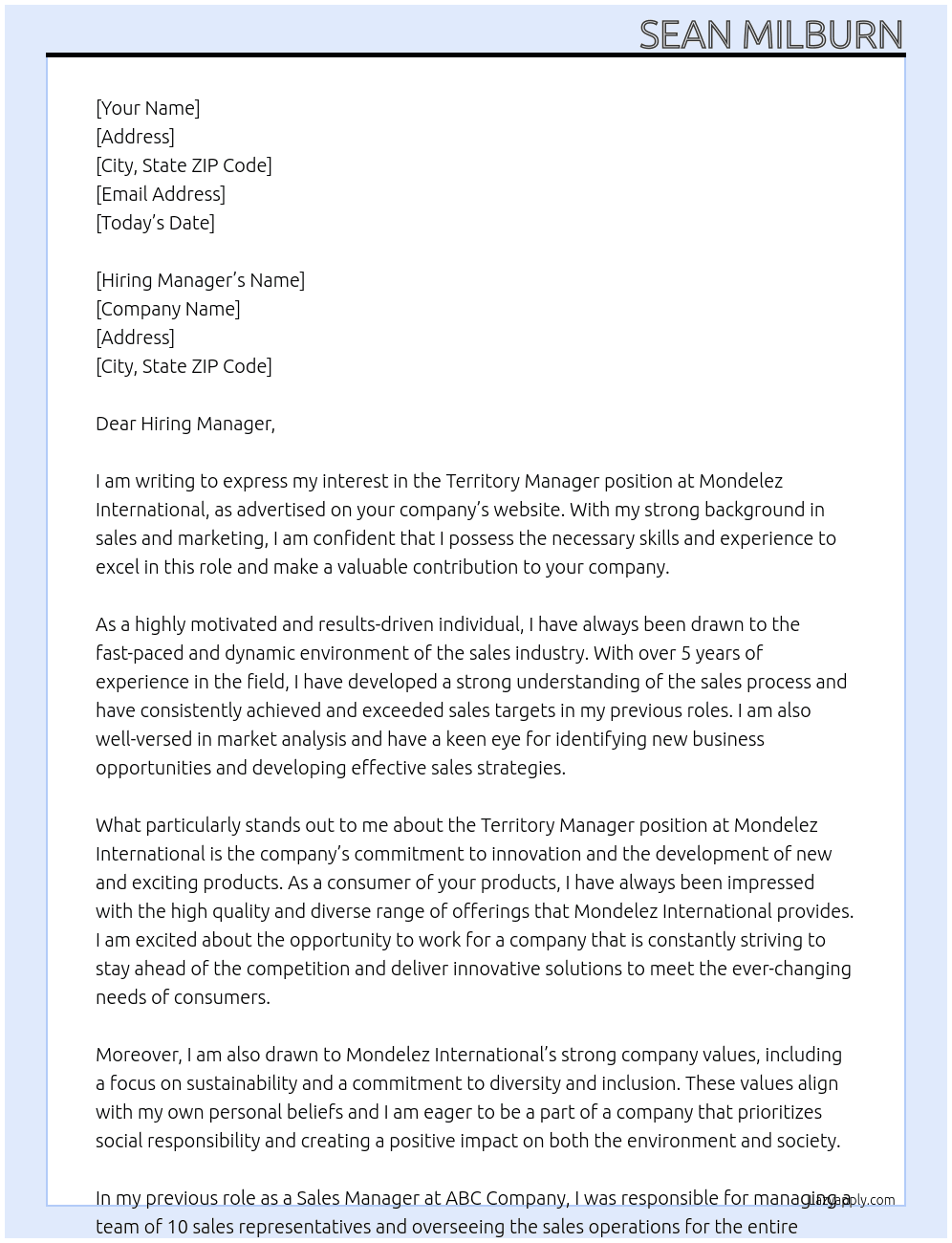 Territory Manager At Mondelez International Cover Letter