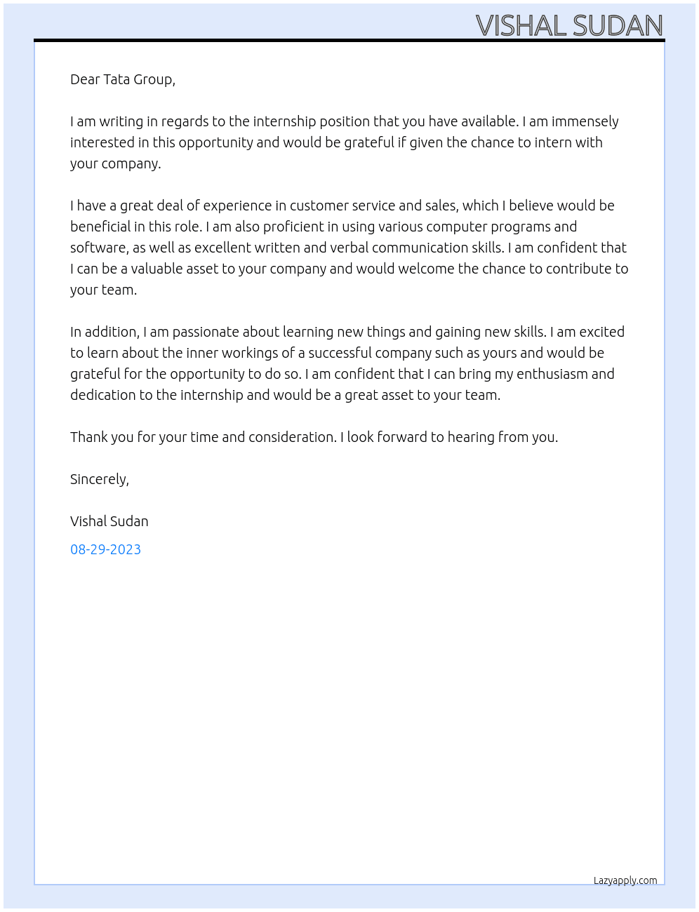 Internship At Tata groups Cover Letter