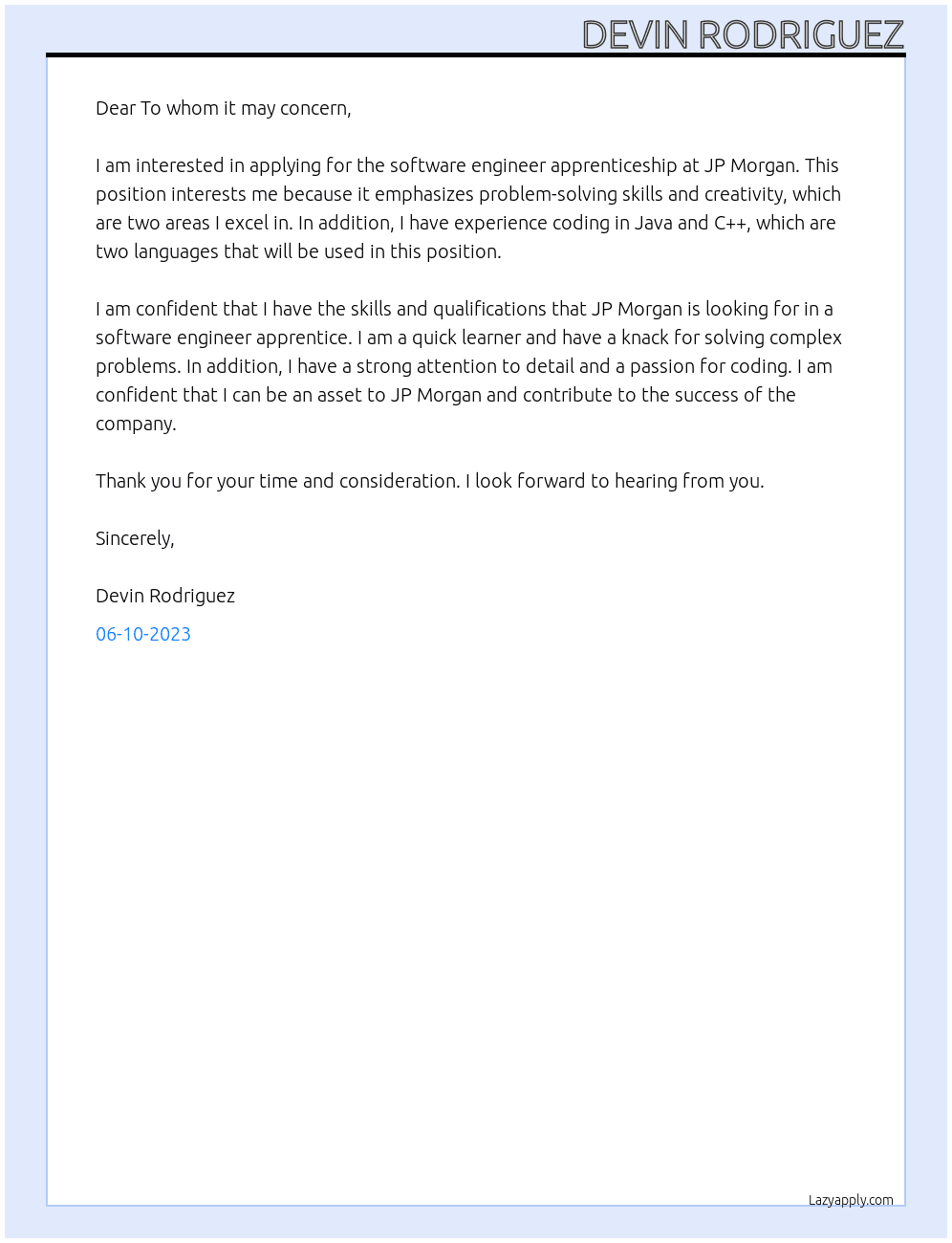 Software engineer apprenticeship At JP MORGAN Cover Letter