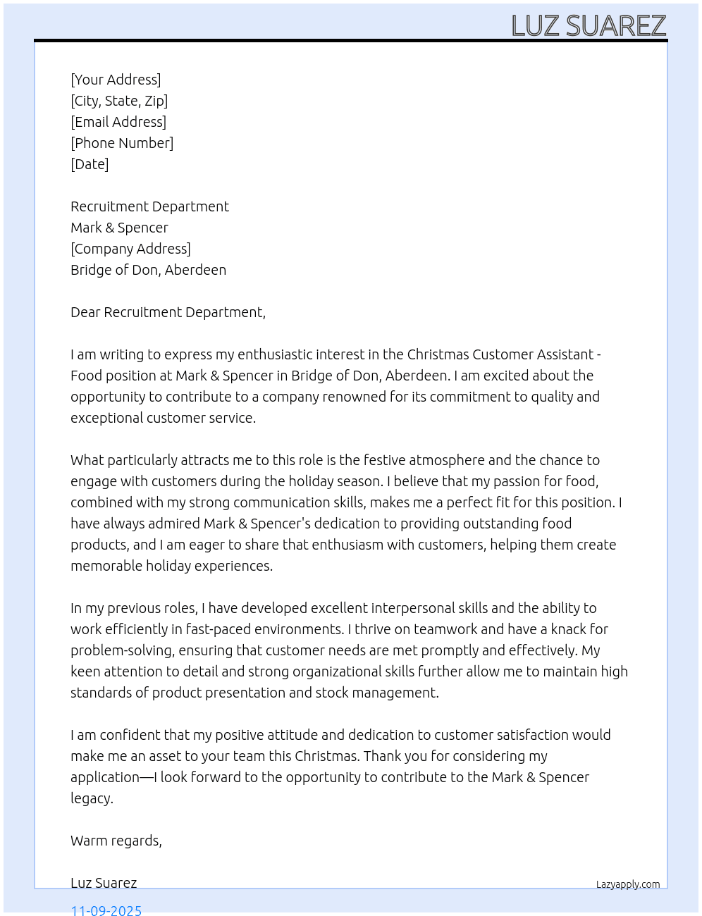 Christmas - Customer Assistant - Food  At Mark & Spencer Cover Letter