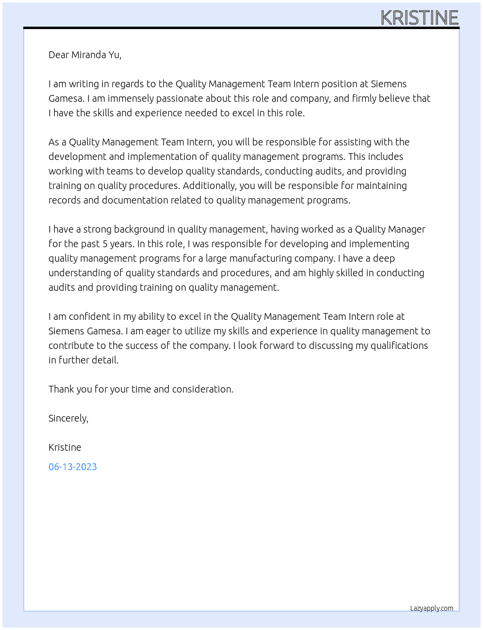 Quality Management Team Intern  At Siemens Gamesa Cover Letter