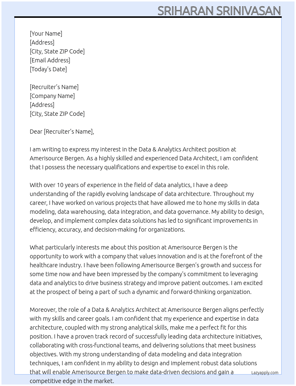 Data & Analytics Architect At Amerisource Bergen Cover Letter