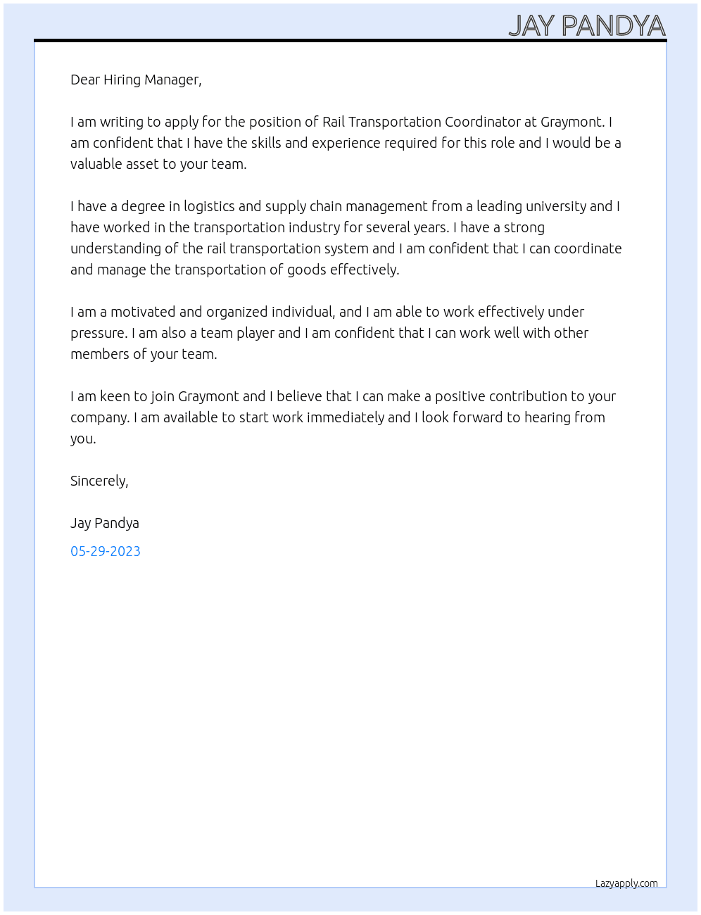 Rail Transportation Coordinator At Graymont Cover Letter