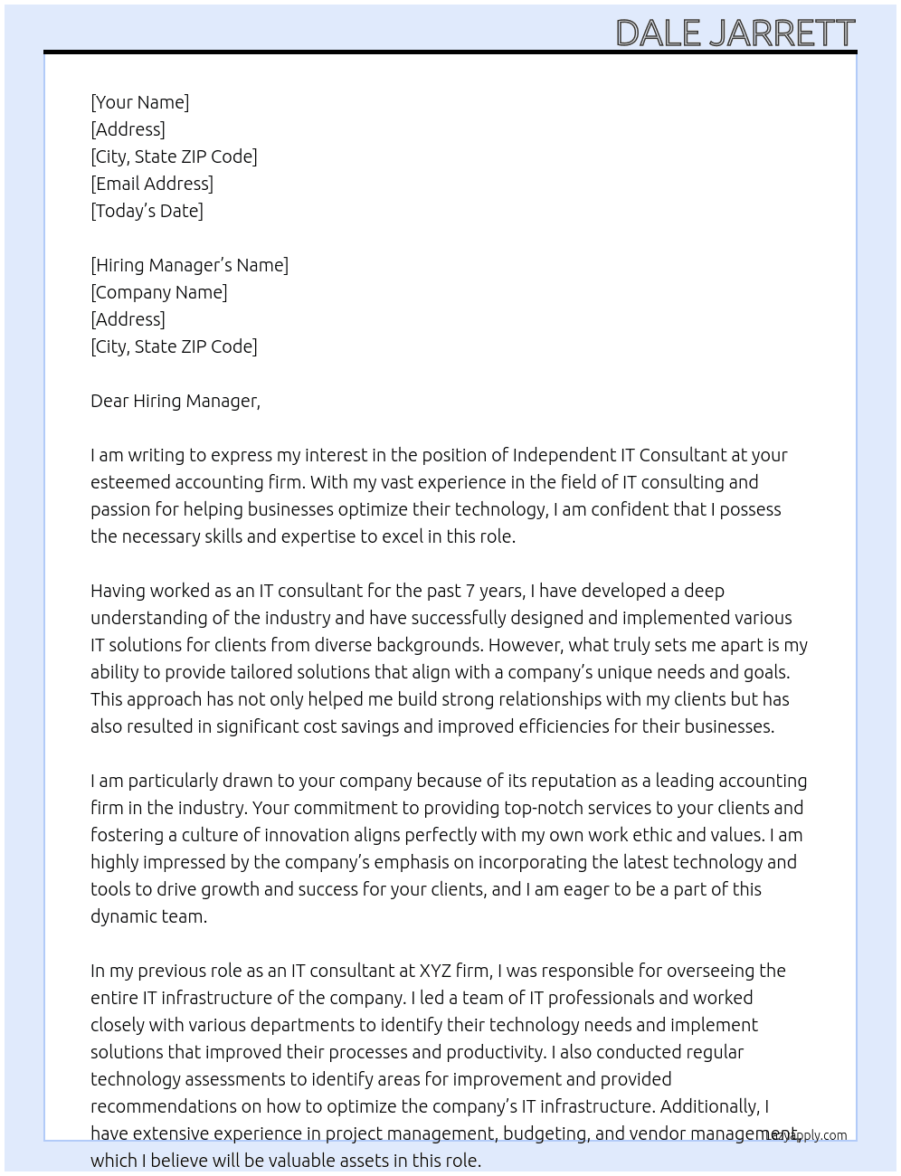 Independent IT Consultant At accounting firm Cover Letter