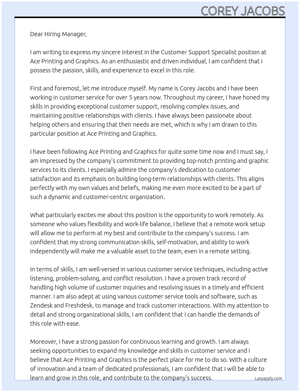 Customer Support Specialist At Ace Printing and Graphics Cover Letter