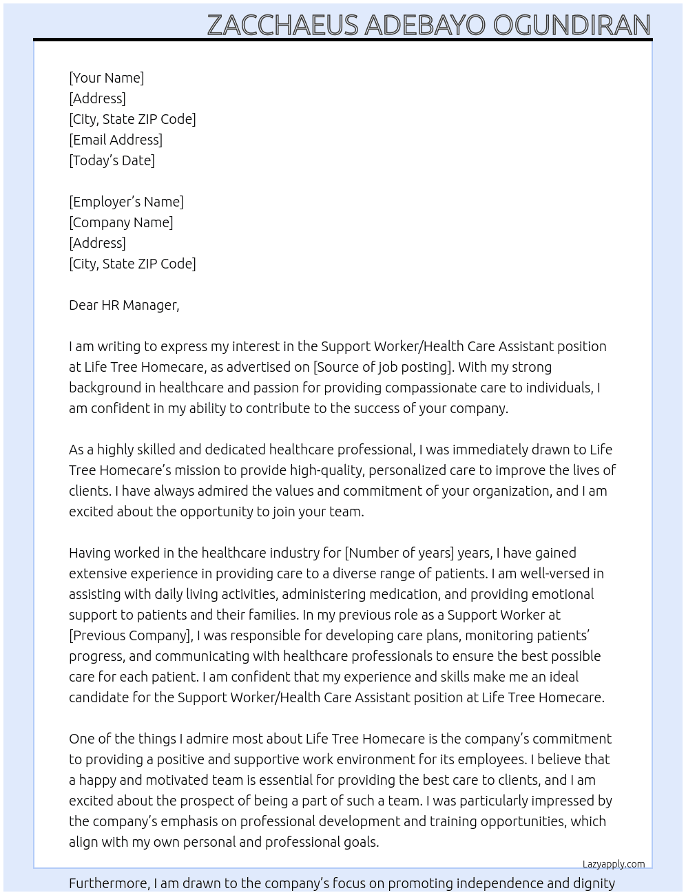 Support worker/Health care Assistant At Life tree Homecare Cover Letter
