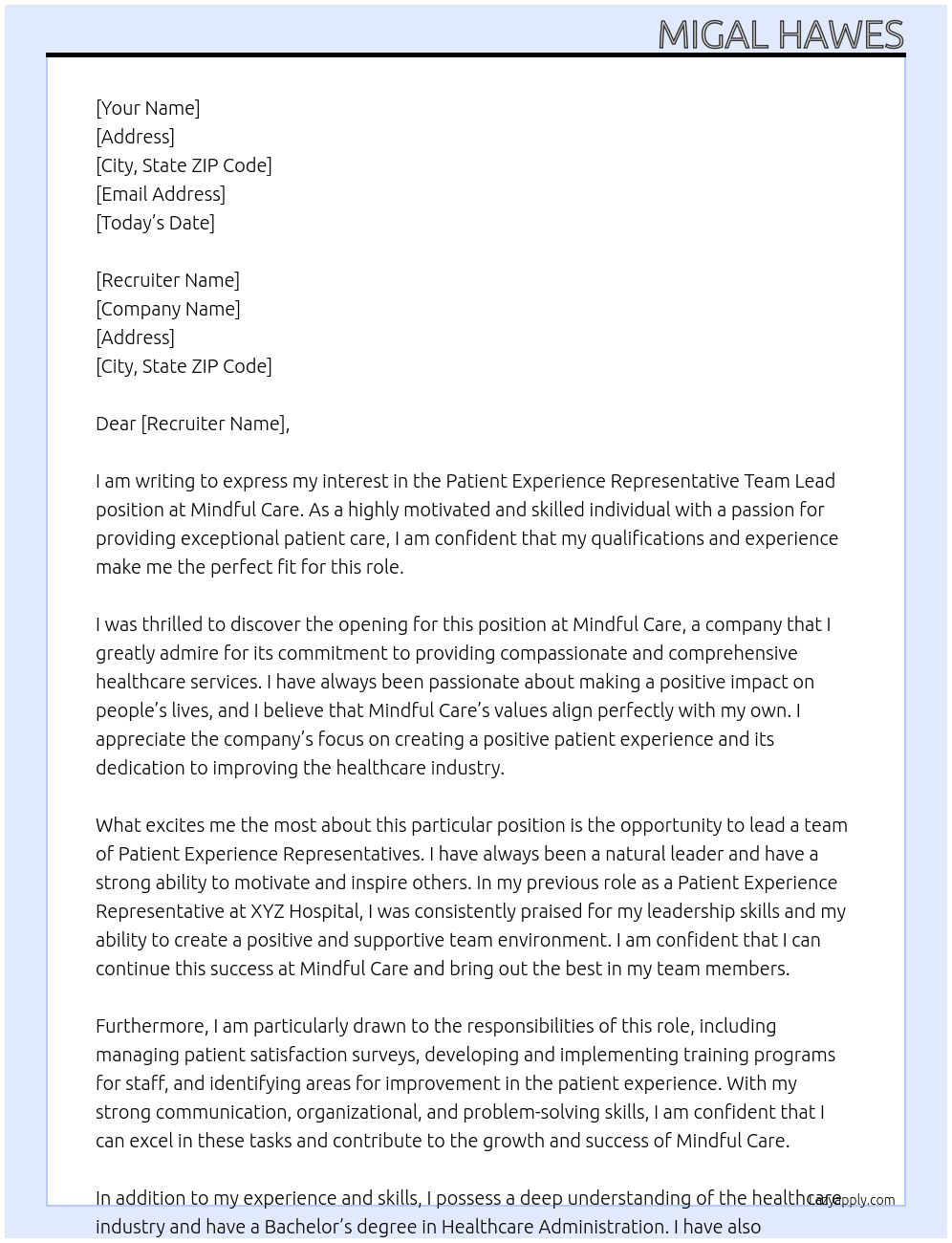 Patient Experience Representative Team Lead At Mindful Care Cover Letter