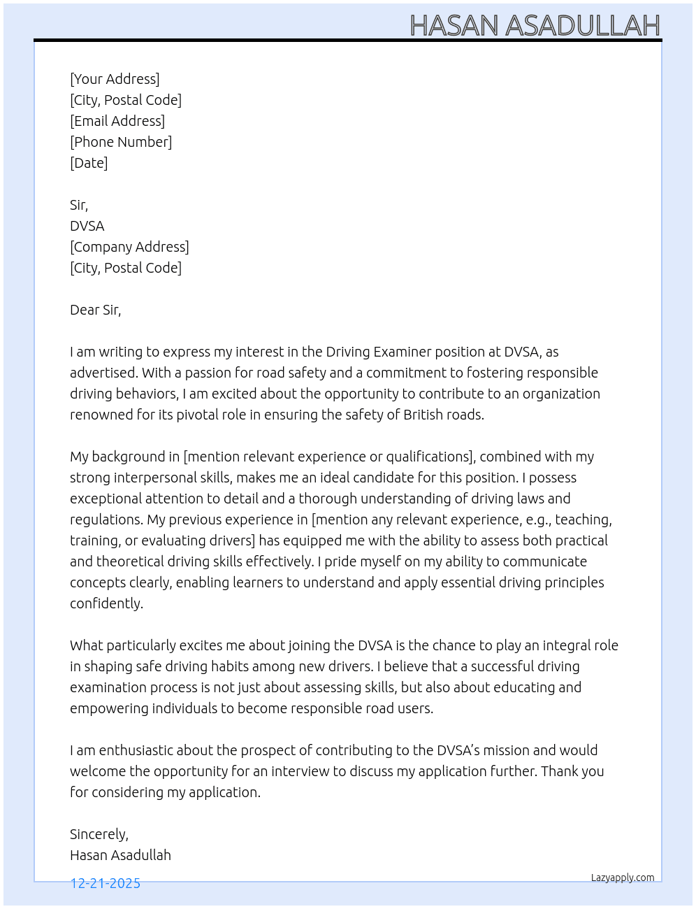 Cover letter for driving examiner - LazyApply