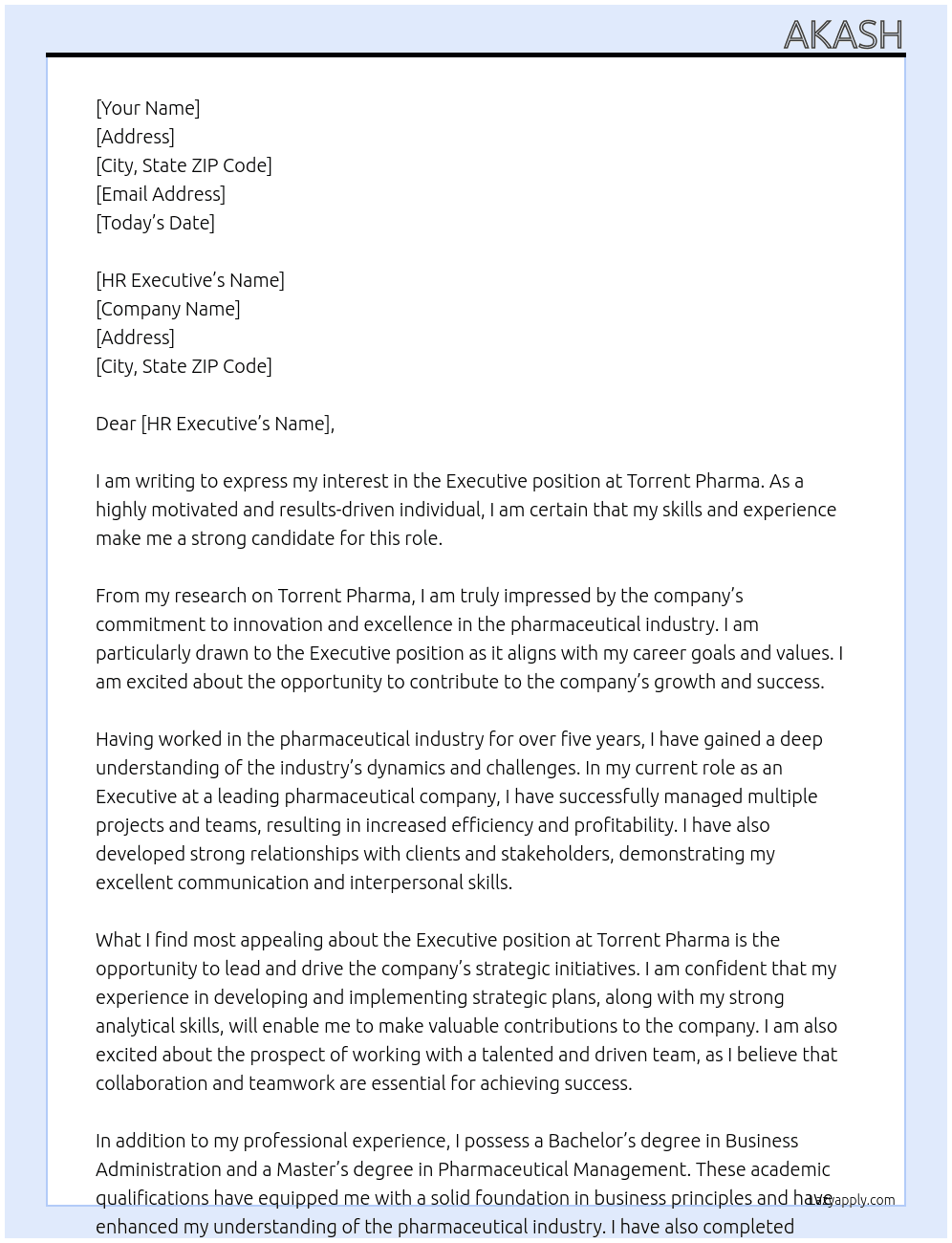 Executive At Torrent Pharma Cover Letter