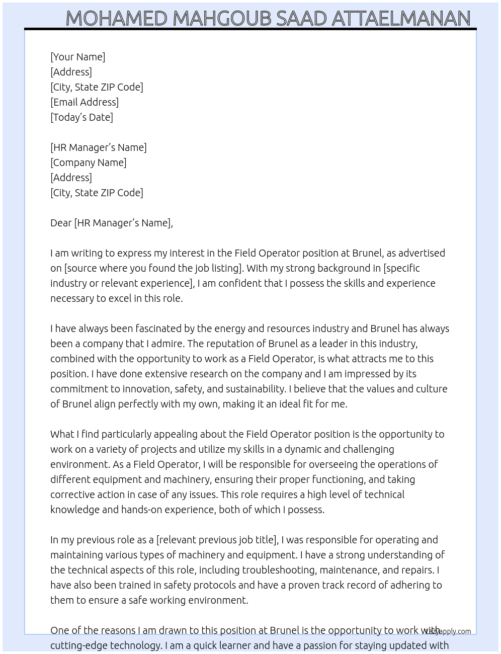 Field Operator  At Brunel Cover Letter