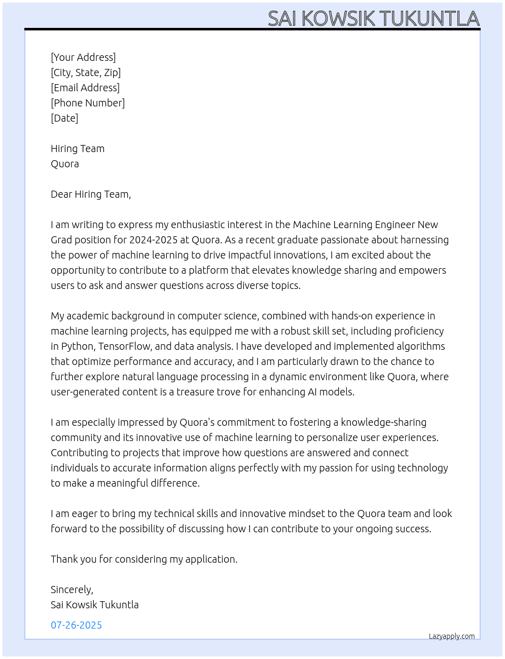 Machine Learning Engineer New Grad 2024-2025 (Remote) At Quora Cover Letter