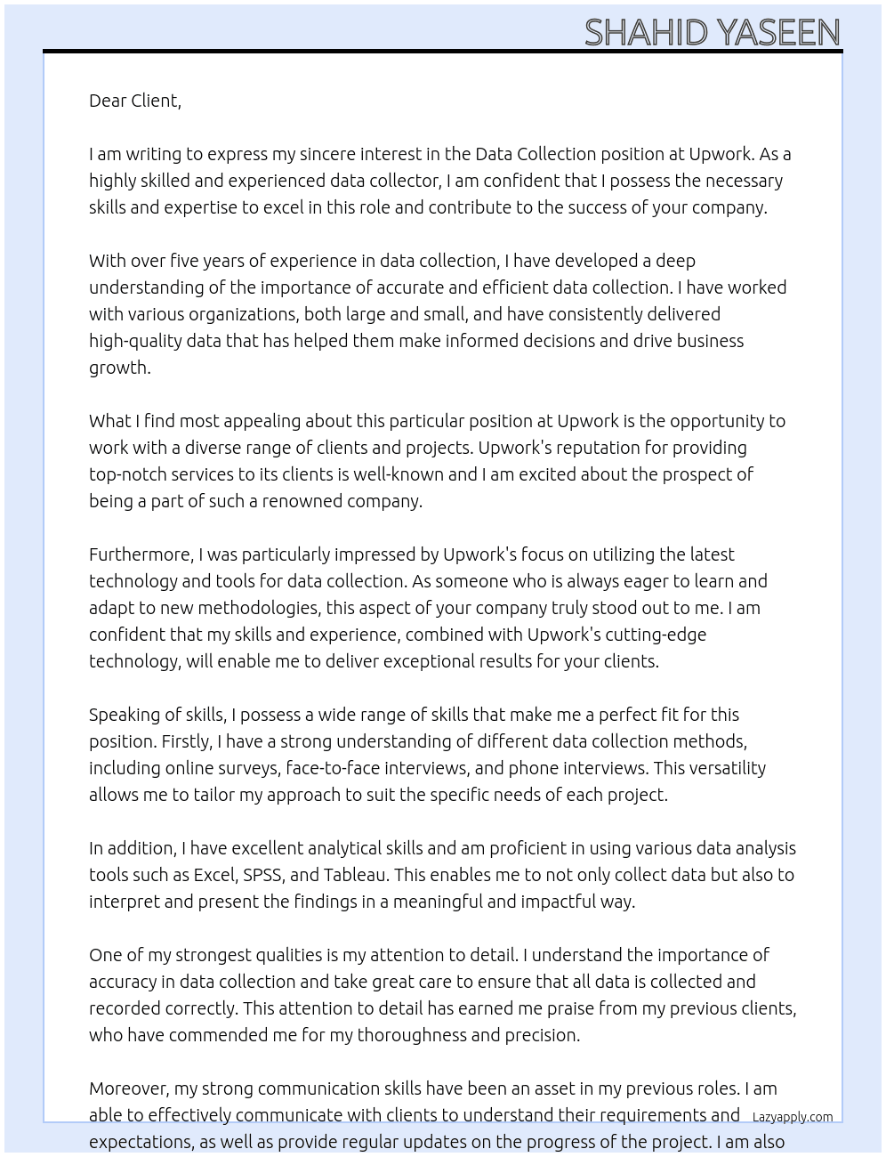 Data Collection At Upwork Cover Letter
