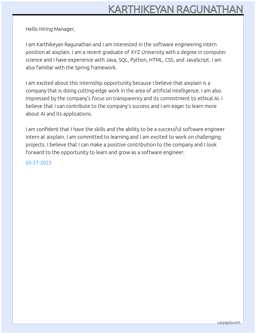 Software Engineer intern At aixplain Cover Letter