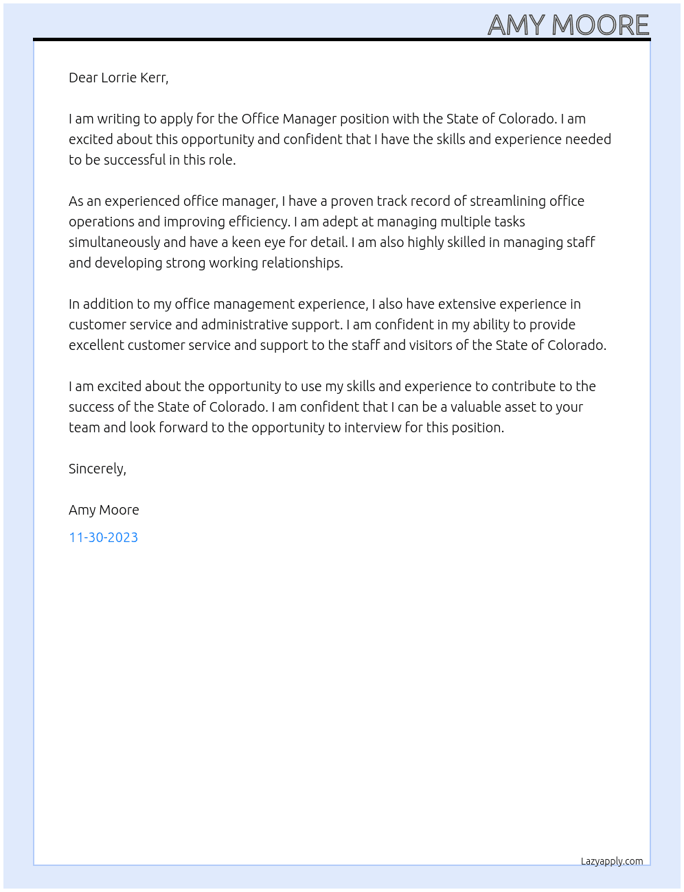 Office Manager At State of Colorado  Cover Letter