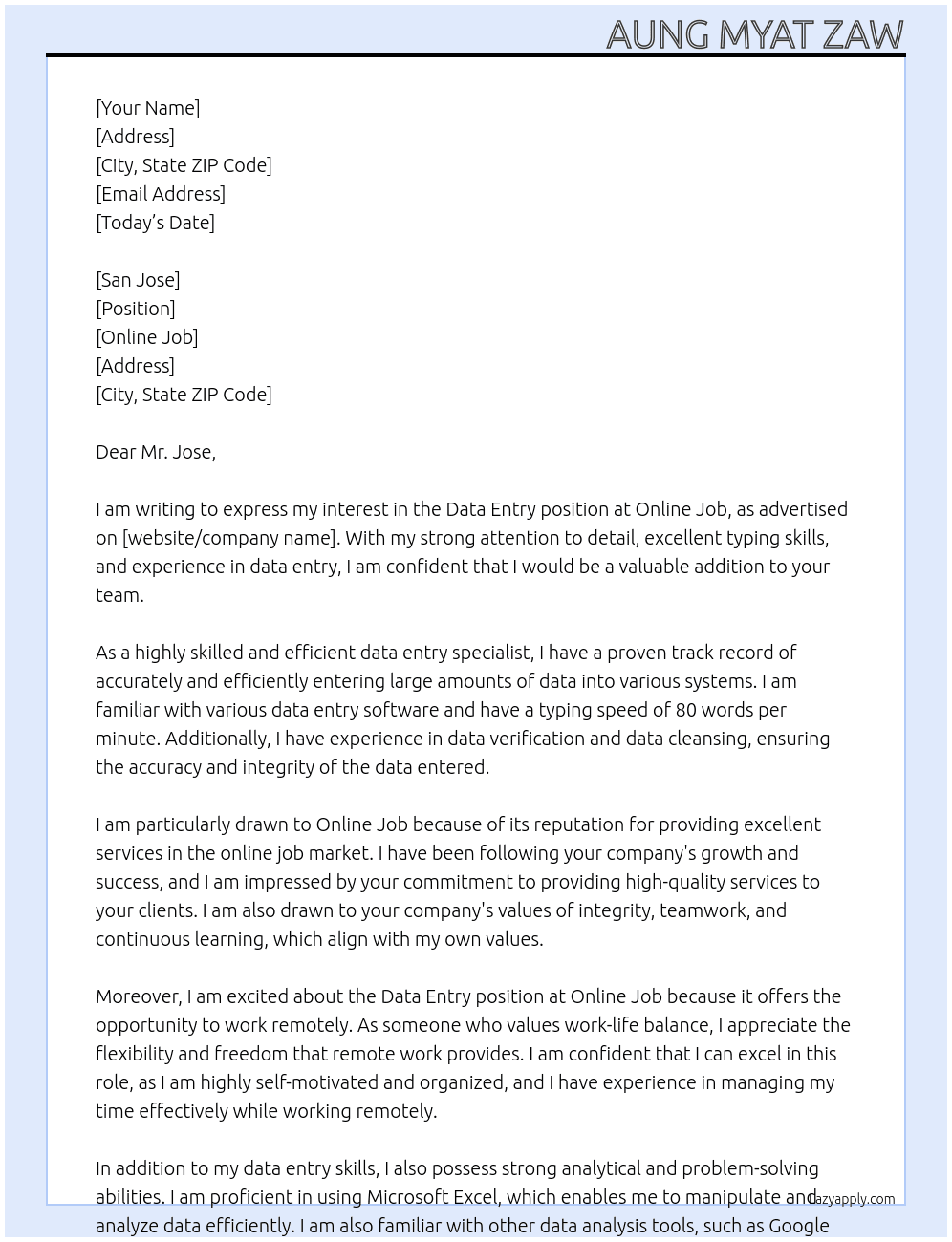 Data Entry At Online Job Cover Letter