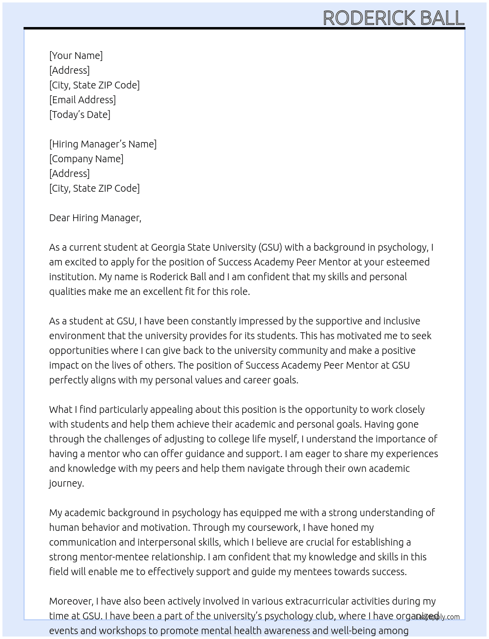 Success Academy Peer Mentor At Georgia State University Cover Letter