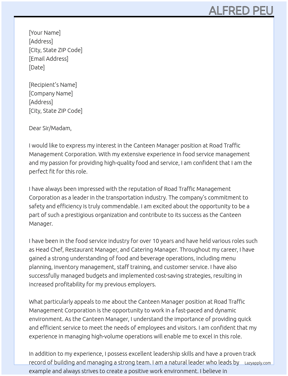 Canteen manager At Road Traffic Management Corporation  Cover Letter