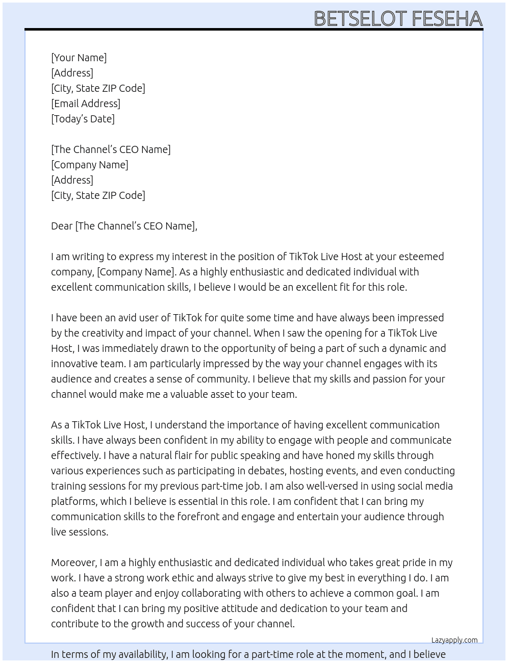 TikTok live host At TikTok channel Cover Letter
