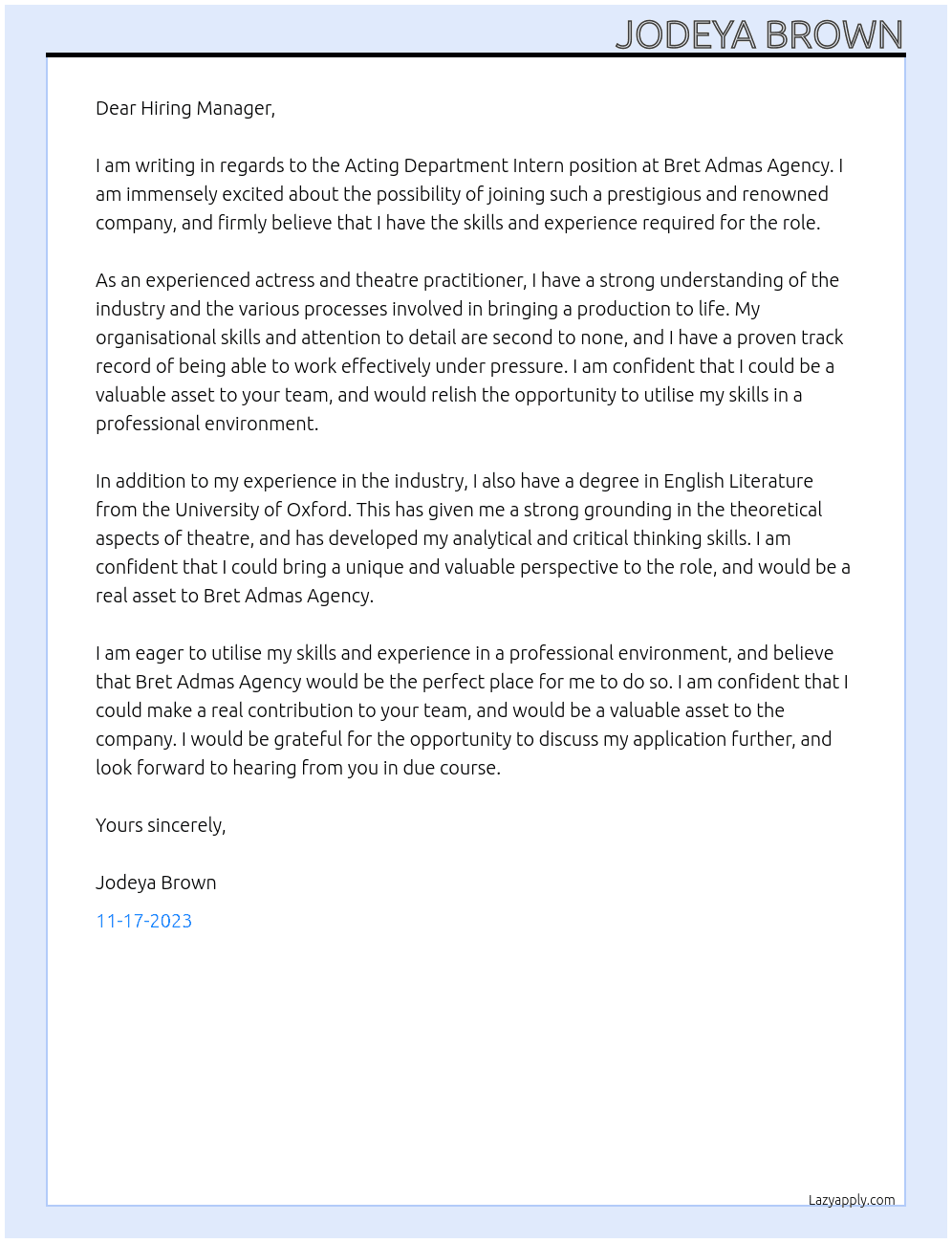 Acting Department Intern At Bret Admas Agency Cover Letter