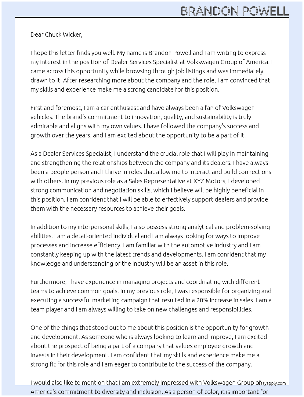 Dealer Services Specialist At Volkswagen Group of America Cover Letter