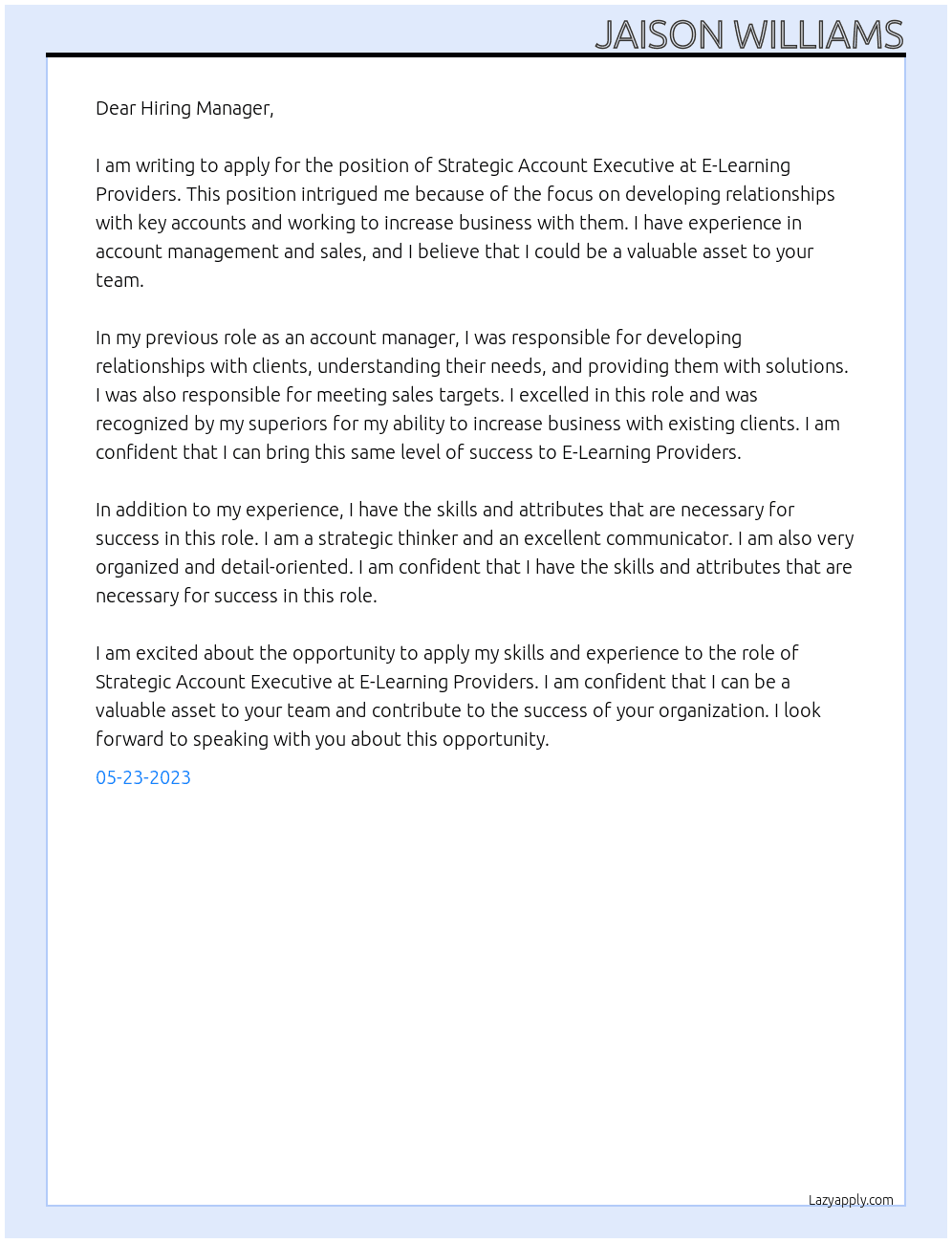 Strategic Account Executive At E-Learning Providers Cover Letter