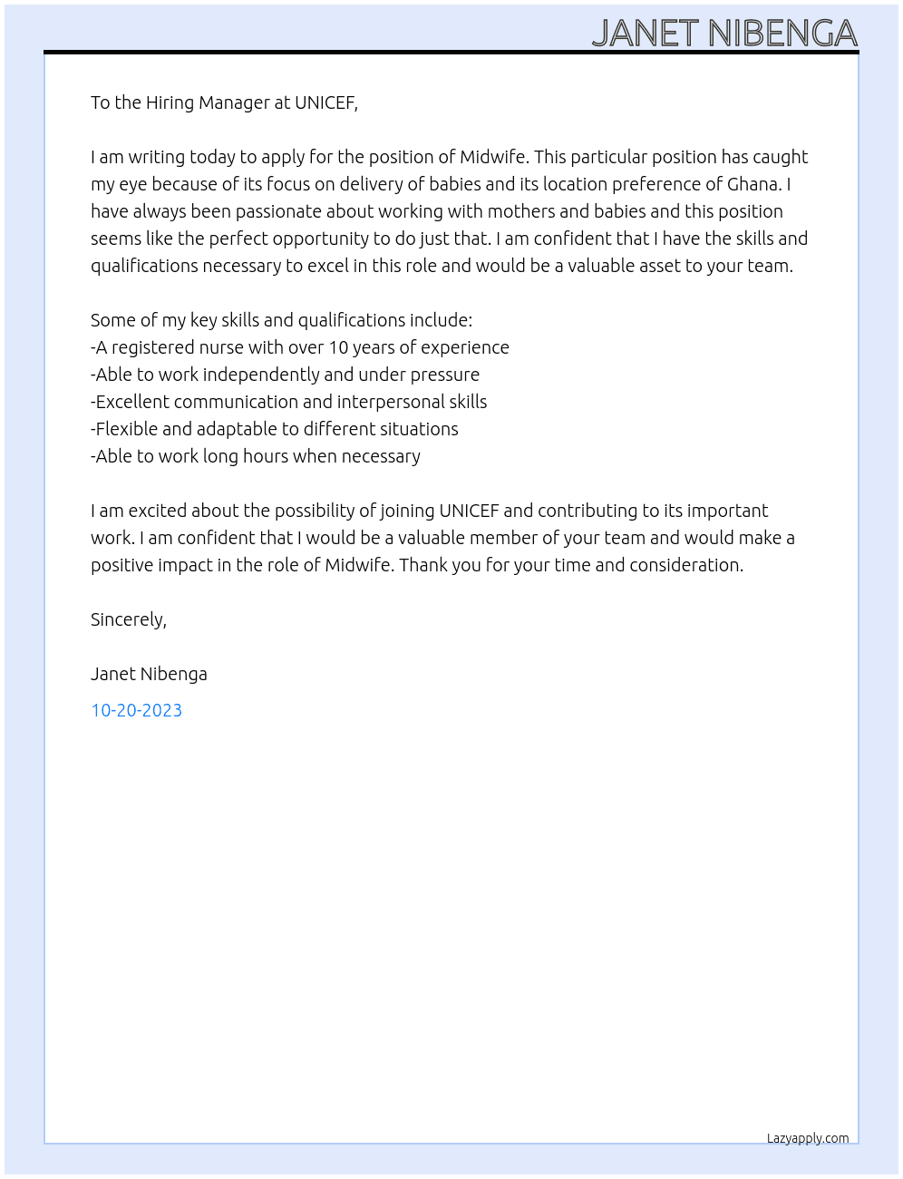 Midwife At Unicef Cover Letter